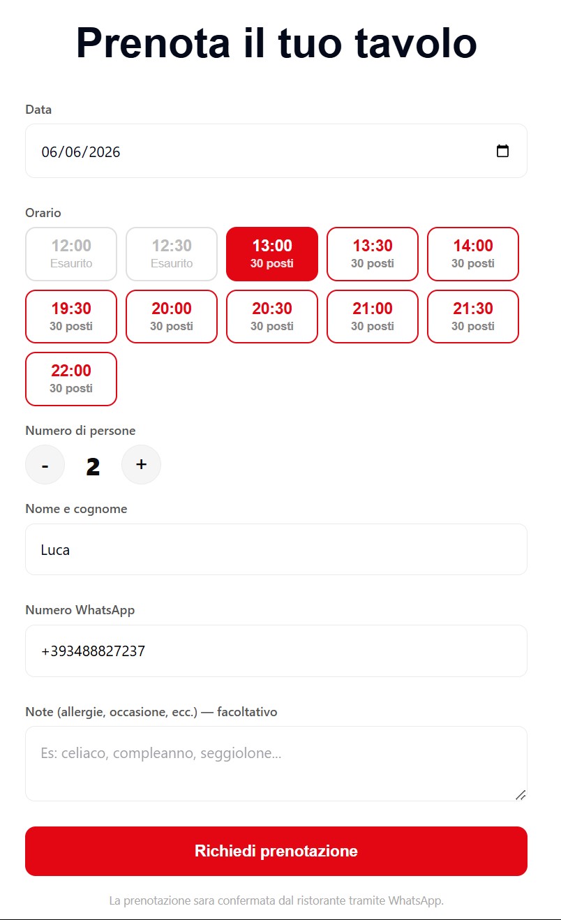 Pagina prenotazione tavolo: data, orario, coperti