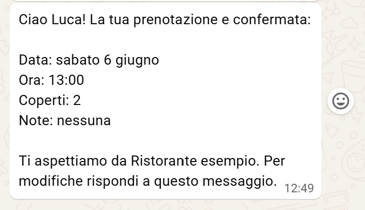Conferma WhatsApp inviata al cliente